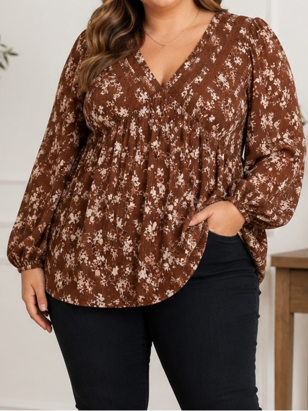 torrid Brown Floral V-Neck Smocked Waist Blouse